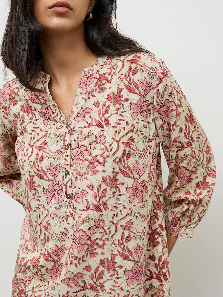 Utsa Pink Floral Printed Cotton Tunic - Image 3
