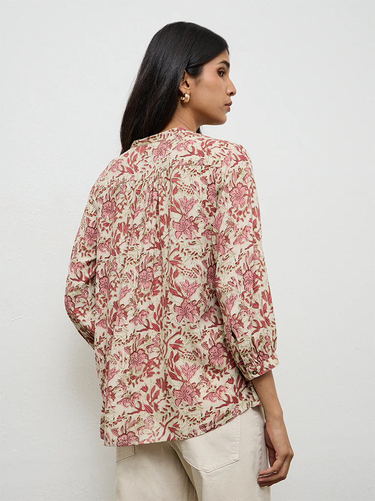 Utsa Pink Floral Printed Cotton Tunic - Image 4