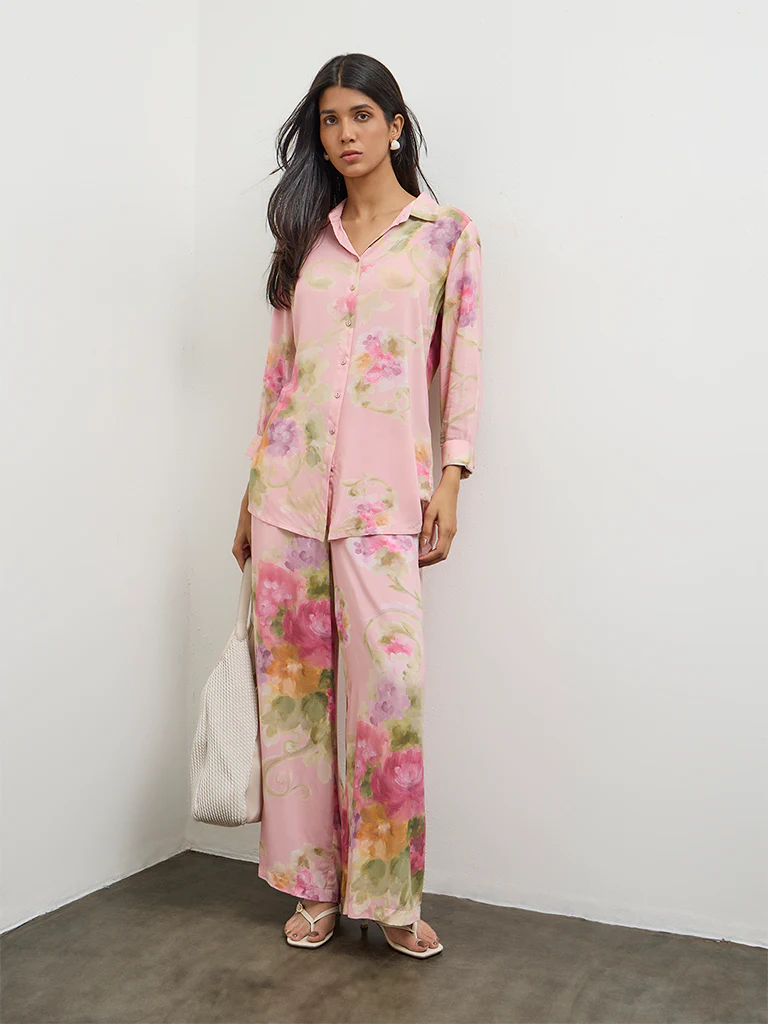 Utsa Pink Floral Printed Pants - Image 2