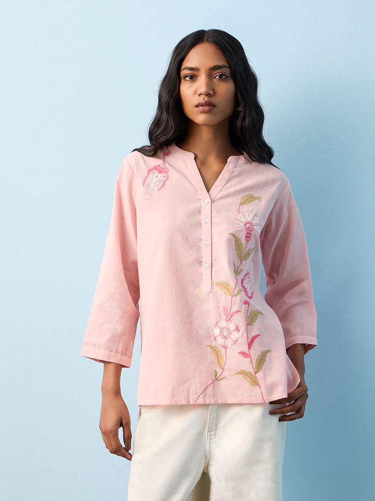 Utsa Pink Foliage Embroidered Cotton-Blend Straight Tunic