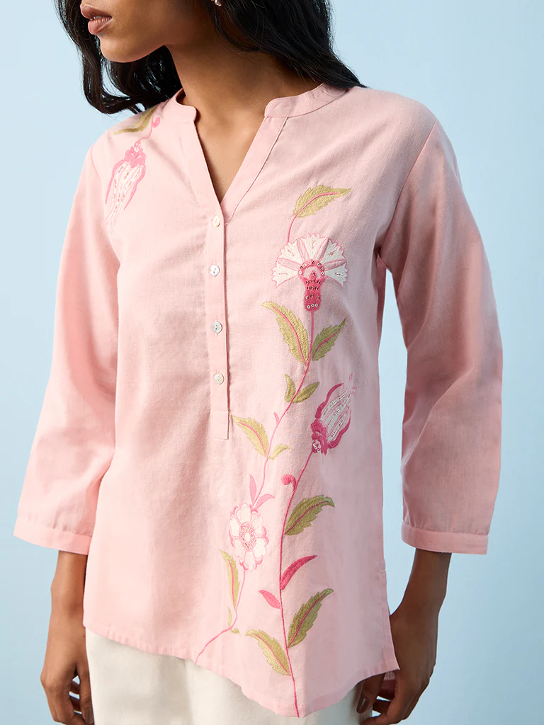 Utsa Pink Foliage Embroidered Cotton-Blend Straight Tunic - Image 3