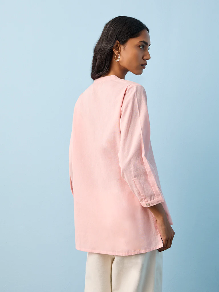 Utsa Pink Foliage Embroidered Cotton-Blend Straight Tunic - Image 4
