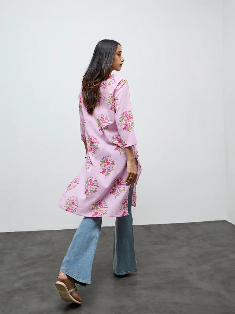 Utsa Pink Foliage Pattern Cotton Straight Kurta - Image 4