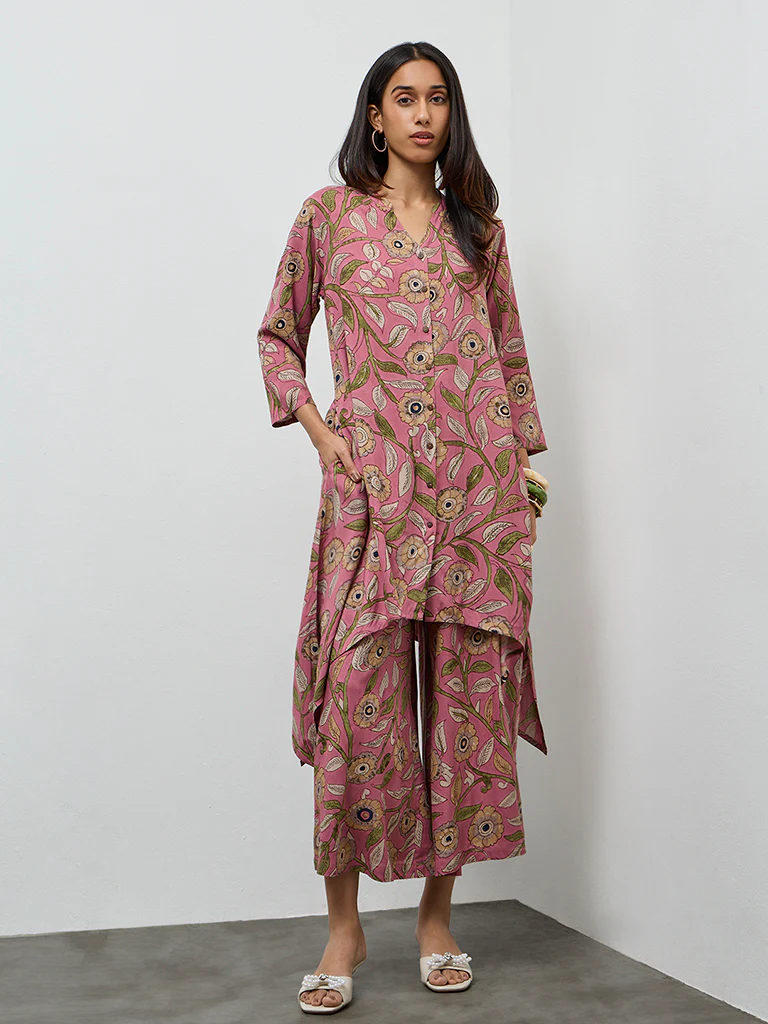 Utsa Pink Foliage Printed A-Line Kurta - Image 2