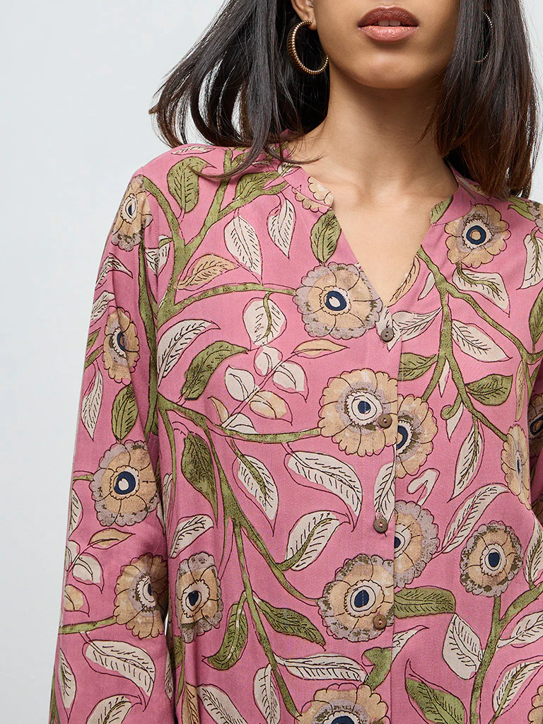 Utsa Pink Foliage Printed A-Line Kurta - Image 3