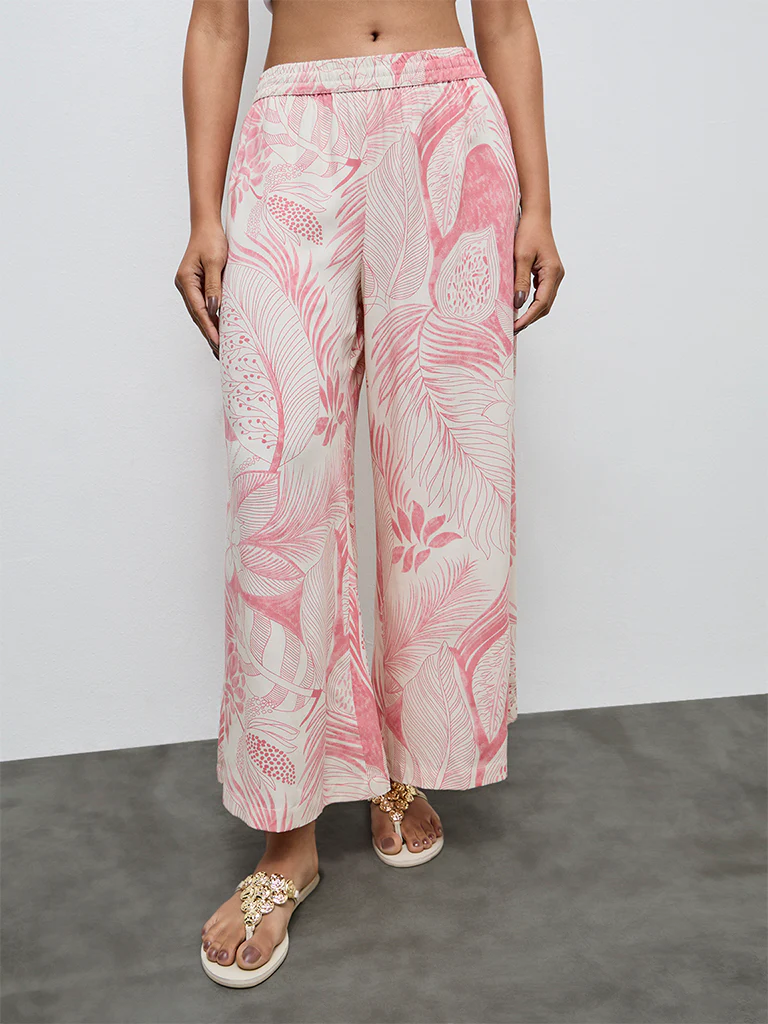Utsa Pink Foliage Printed Palazzos