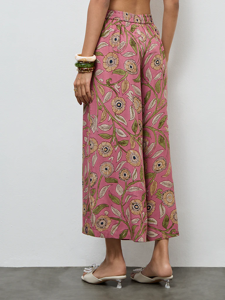 Utsa Pink Foliage Printed Palazzos - Image 4