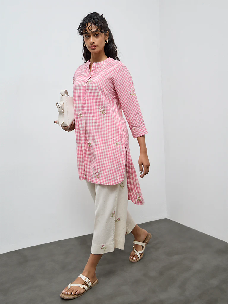Utsa Pink Gingham Check High-Low Cotton Kurta - Image 2