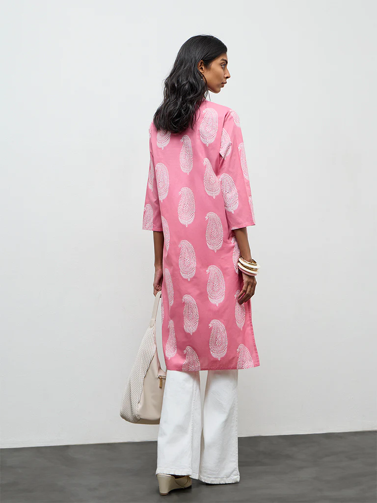 Utsa Pink Paisley Printed Cotton Straight Kurta - Image 4