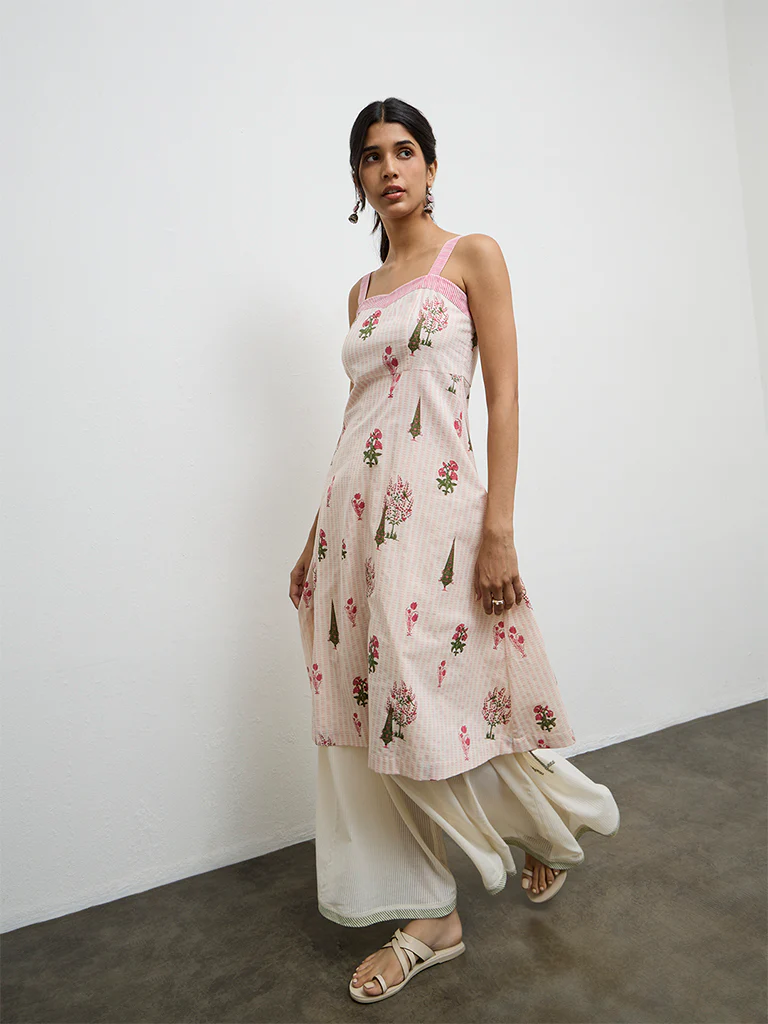 Utsa Pink Printed Cotton A-Line Kurta - Image 2