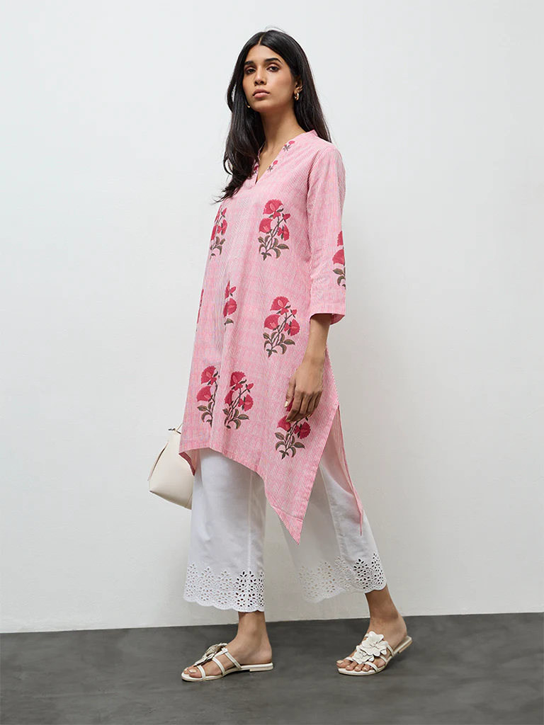 Utsa Pink Printed Cotton A-Line Kurta - Image 2
