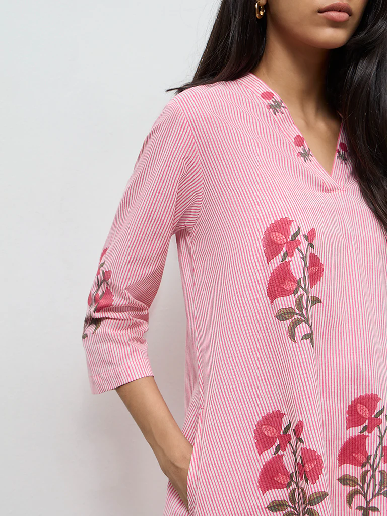 Utsa Pink Printed Cotton A-Line Kurta - Image 3