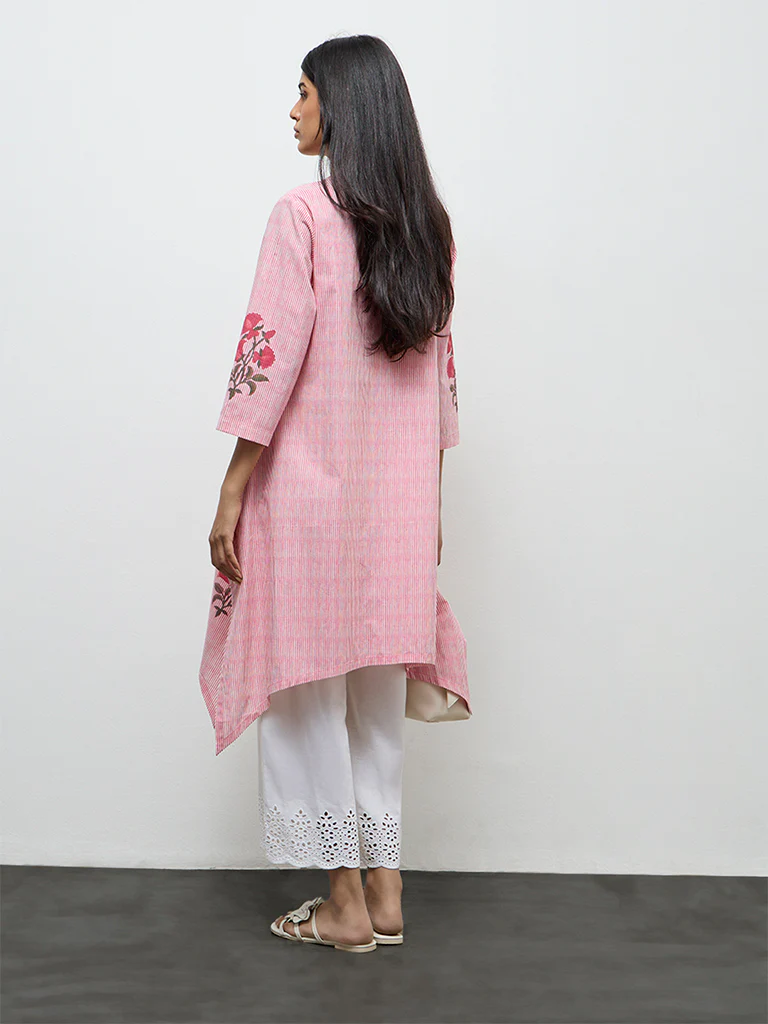 Utsa Pink Printed Cotton A-Line Kurta - Image 4