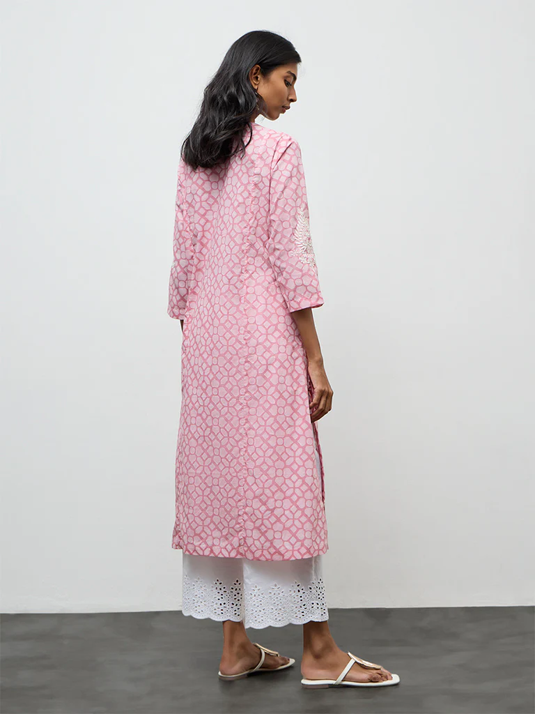 Utsa Pink Printed Cotton-Blend A-Line Kurta - Image 4