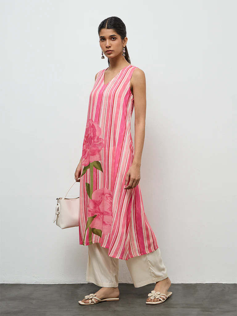 Utsa Pink Striped A-Line Kurta - Image 2