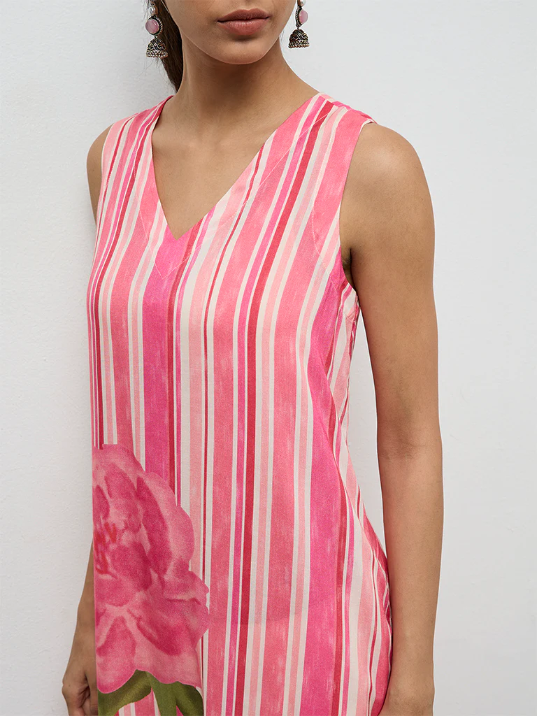 Utsa Pink Striped A-Line Kurta - Image 3