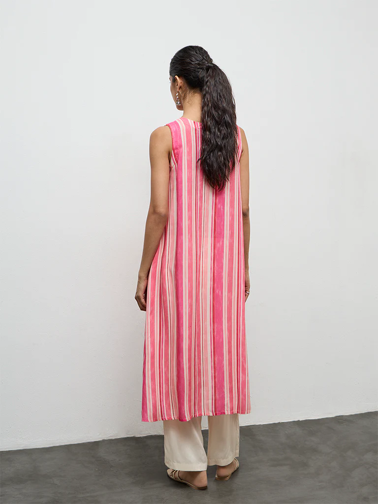 Utsa Pink Striped A-Line Kurta - Image 4