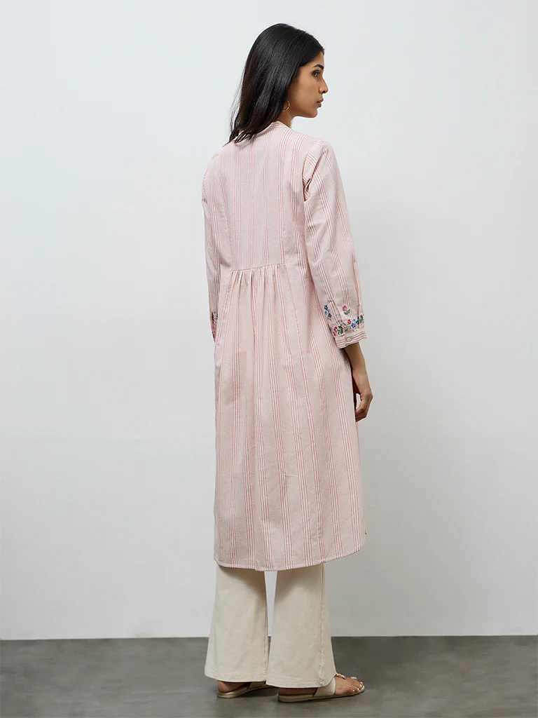 Utsa Pink Striped Cotton-Blend A-Line Kurta - Image 2