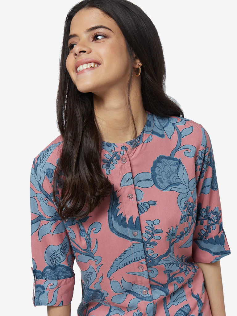 Utsa Pink Tropical Print A-line Kurti - Image 2