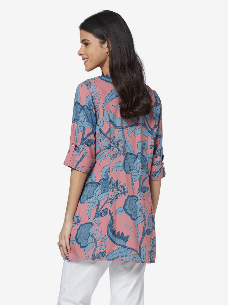 Utsa Pink Tropical Print A-line Kurti - Image 4