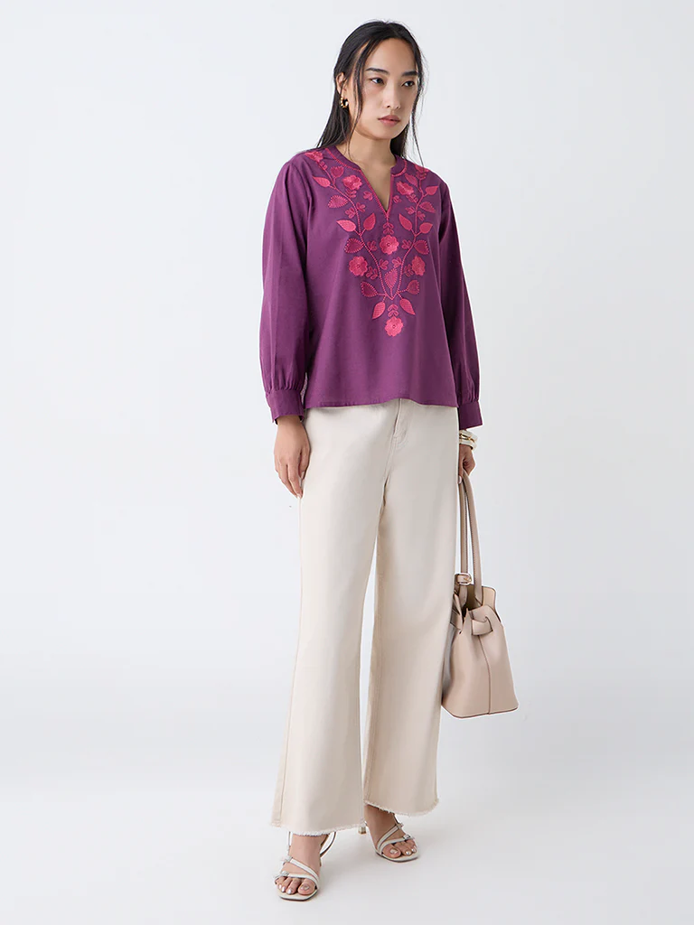 Utsa Plum Botanical Embroidered Cotton-Blend Top