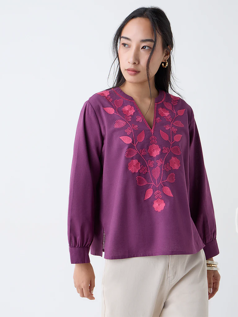 Utsa Plum Botanical Embroidered Cotton-Blend Top - Image 2