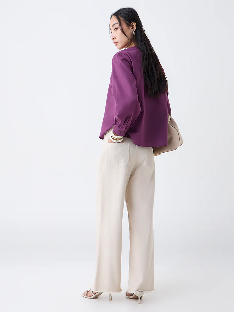Utsa Plum Botanical Embroidered Cotton-Blend Top - Image 4