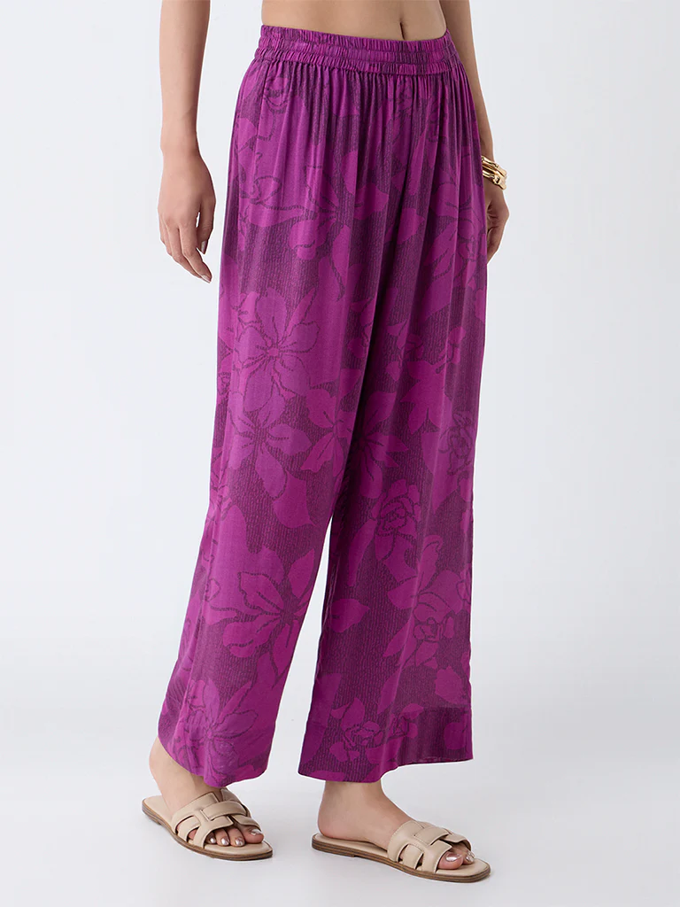 Utsa Plum Floral Design Cotton Ethnic Pants