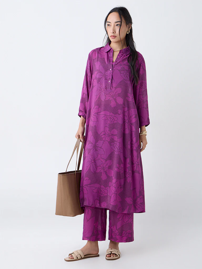 Utsa Plum Floral Design Cotton Ethnic Pants - Image 2