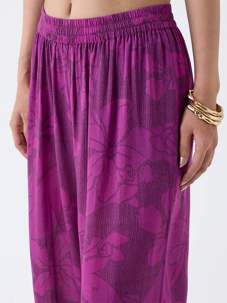 Utsa Plum Floral Design Cotton Ethnic Pants - Image 3