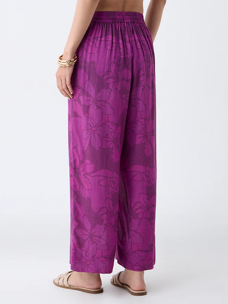 Utsa Plum Floral Design Cotton Ethnic Pants - Image 4