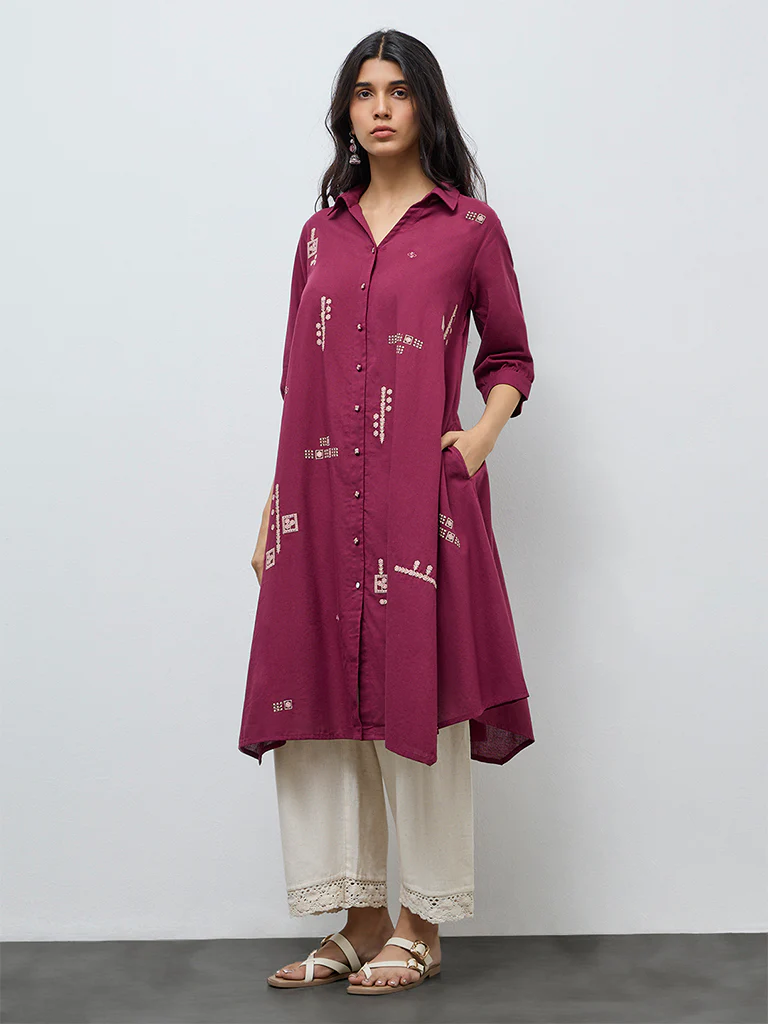Utsa Plum Floral Embroidered A-Line Cotton-Blend Kurta - Image 2