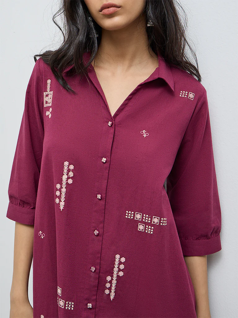 Utsa Plum Floral Embroidered A-Line Cotton-Blend Kurta - Image 3