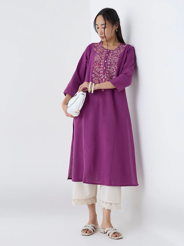 Utsa Plum Floral Embroidered Cotton-Blend A-Line Kurta - Image 2