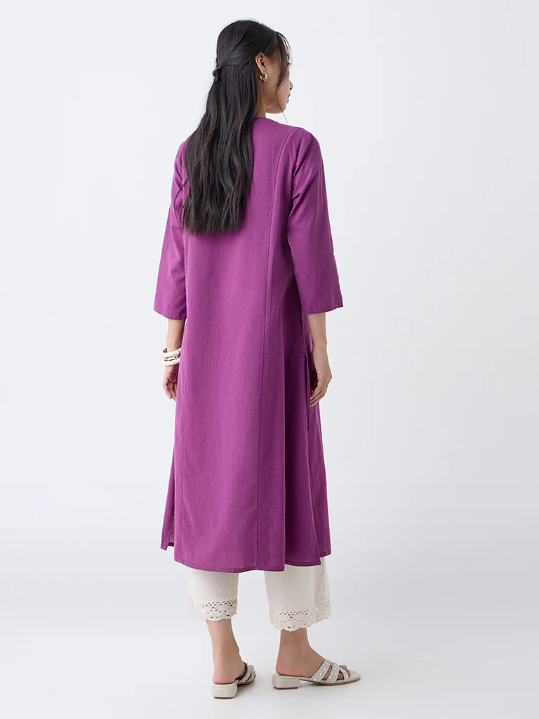 Utsa Plum Floral Embroidered Cotton-Blend A-Line Kurta - Image 4