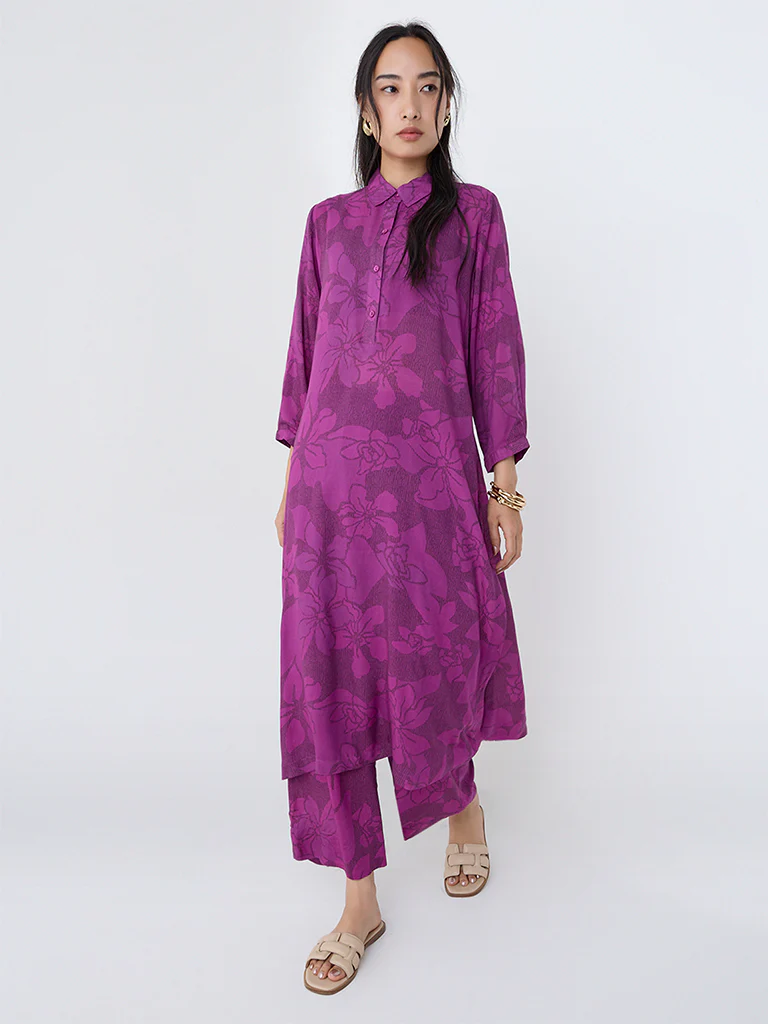 Utsa Plum Floral Pattern Cotton A-Line Kurta