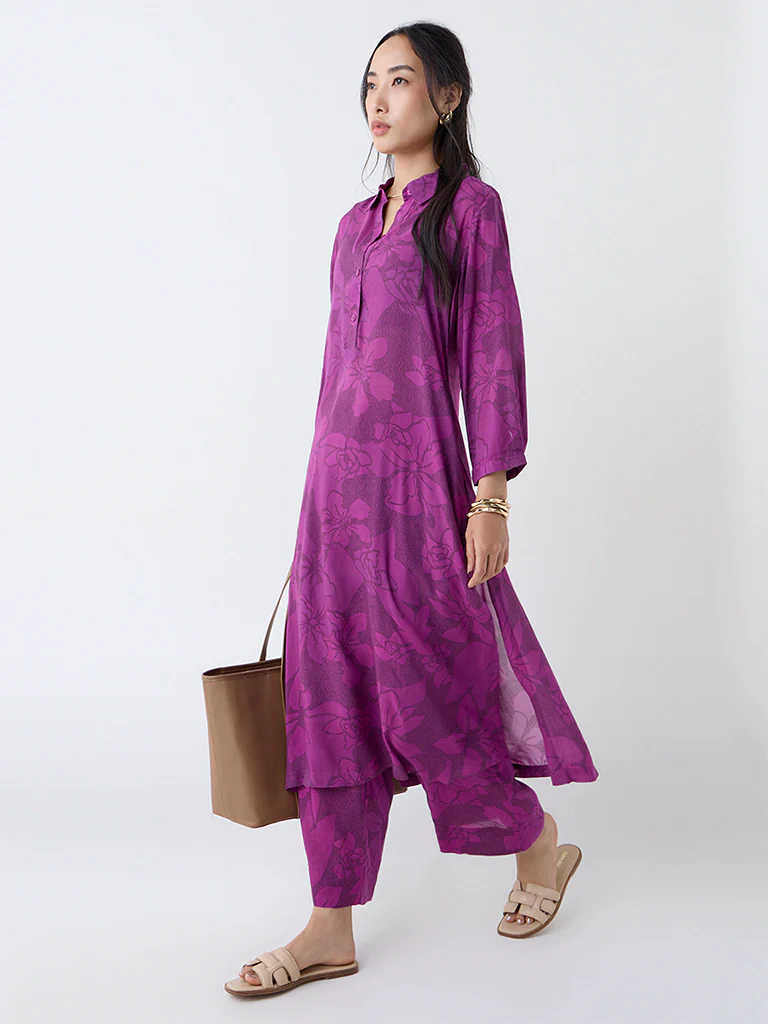 Utsa Plum Floral Pattern Cotton A-Line Kurta - Image 2