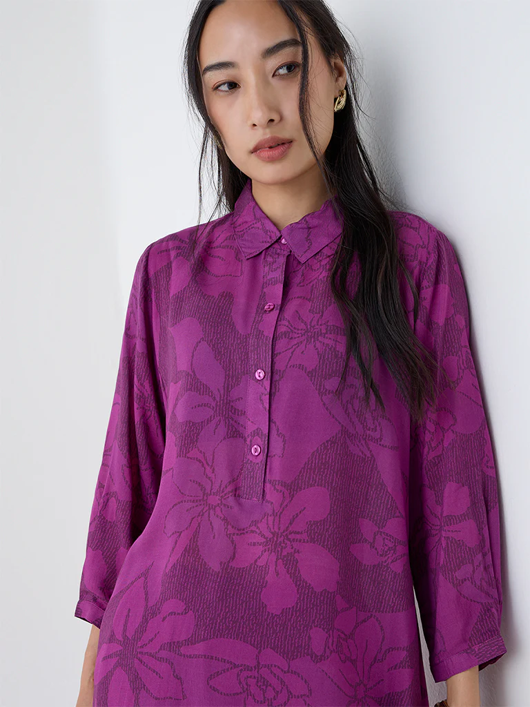 Utsa Plum Floral Pattern Cotton A-Line Kurta - Image 3