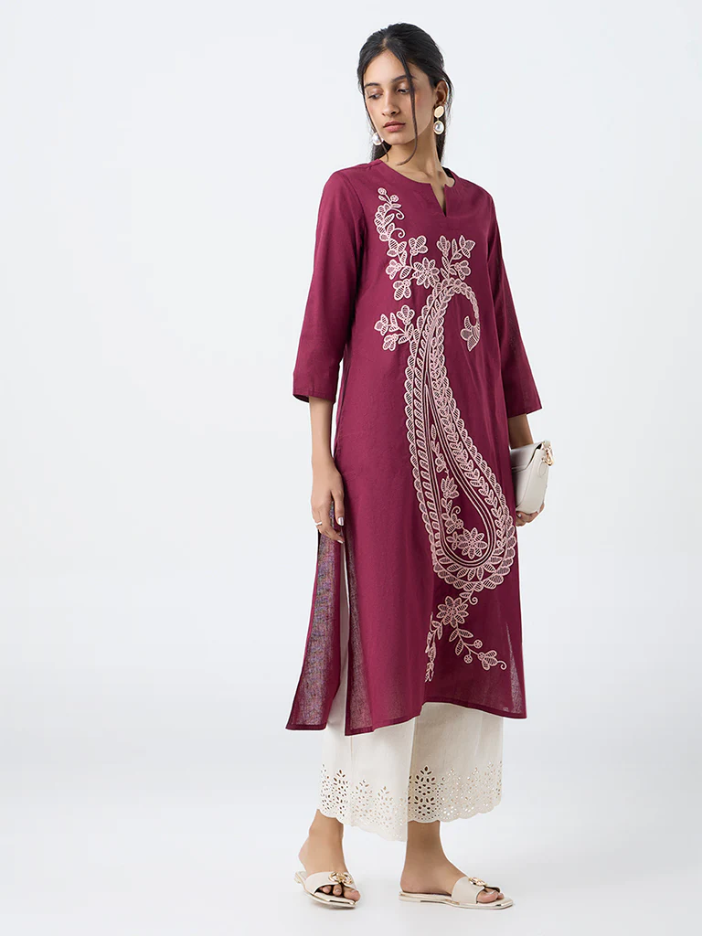 Utsa Plum Paisley Embroidered Cotton-Blend A-Line Kurta - Image 2