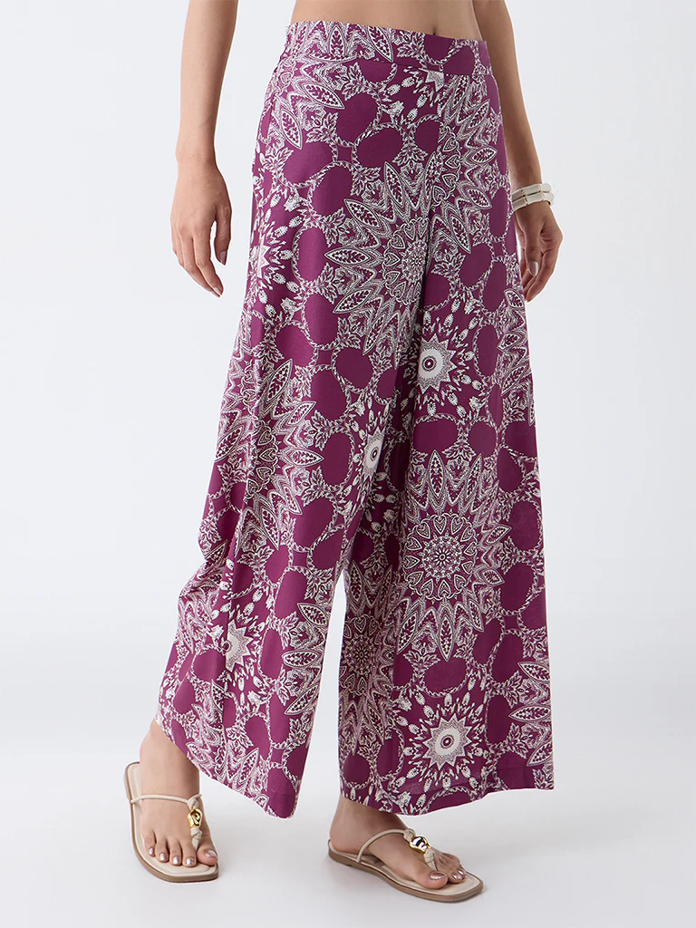 Utsa Plum Printed Palazzos