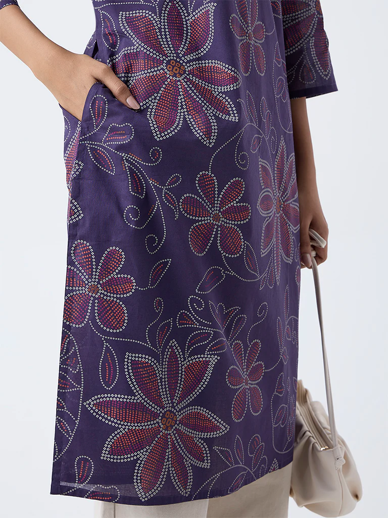 Utsa Purple Bandhani Print Straight Cotton Kurta - Image 3
