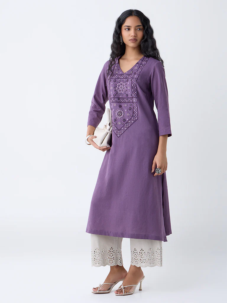 Utsa Purple Embroidered Cotton-Blend A-Line Kurta - Image 2