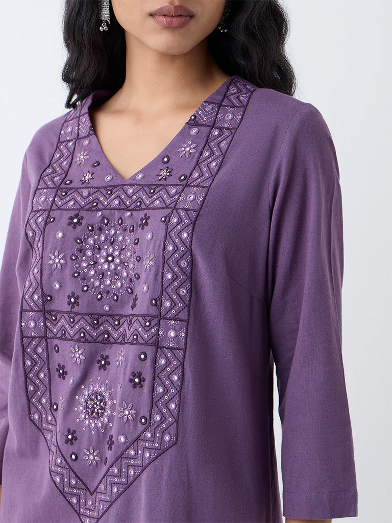 Utsa Purple Embroidered Cotton-Blend A-Line Kurta - Image 3