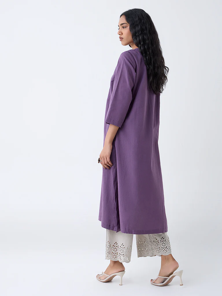 Utsa Purple Embroidered Cotton-Blend A-Line Kurta - Image 4