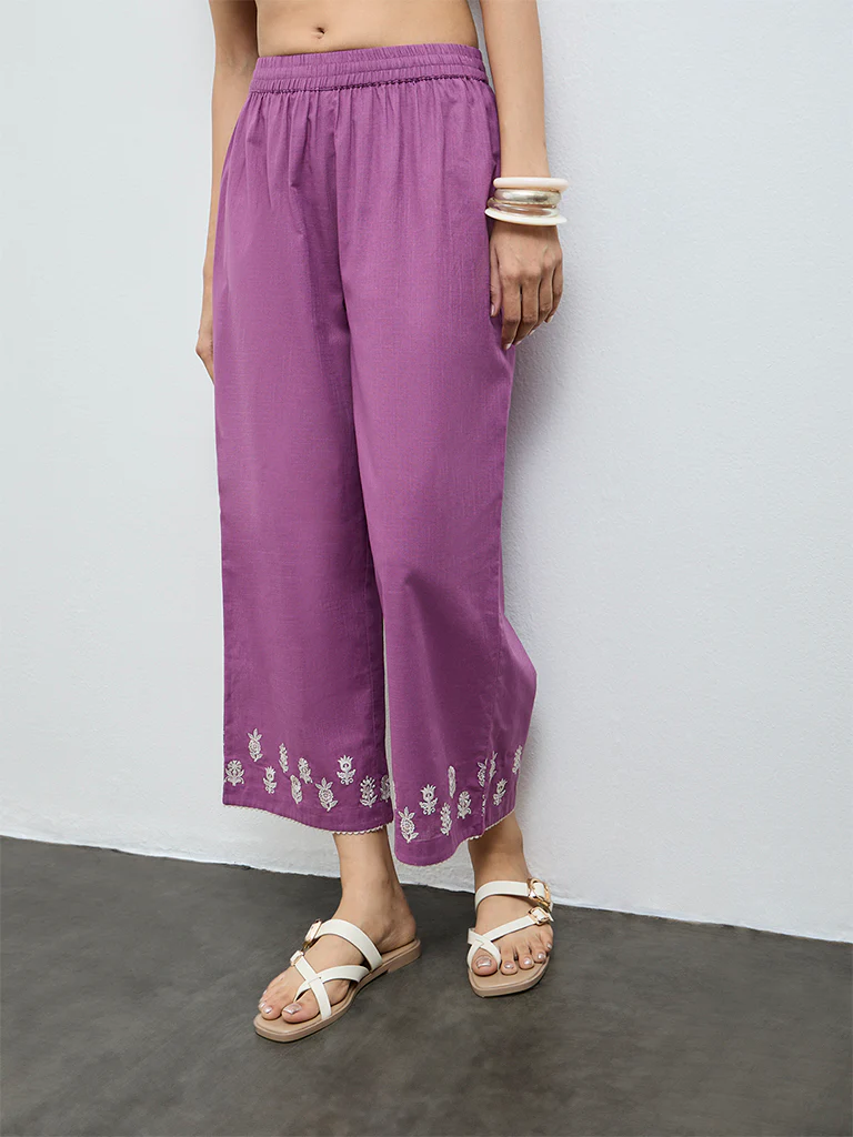 Utsa Purple Embroidered Cotton Pants