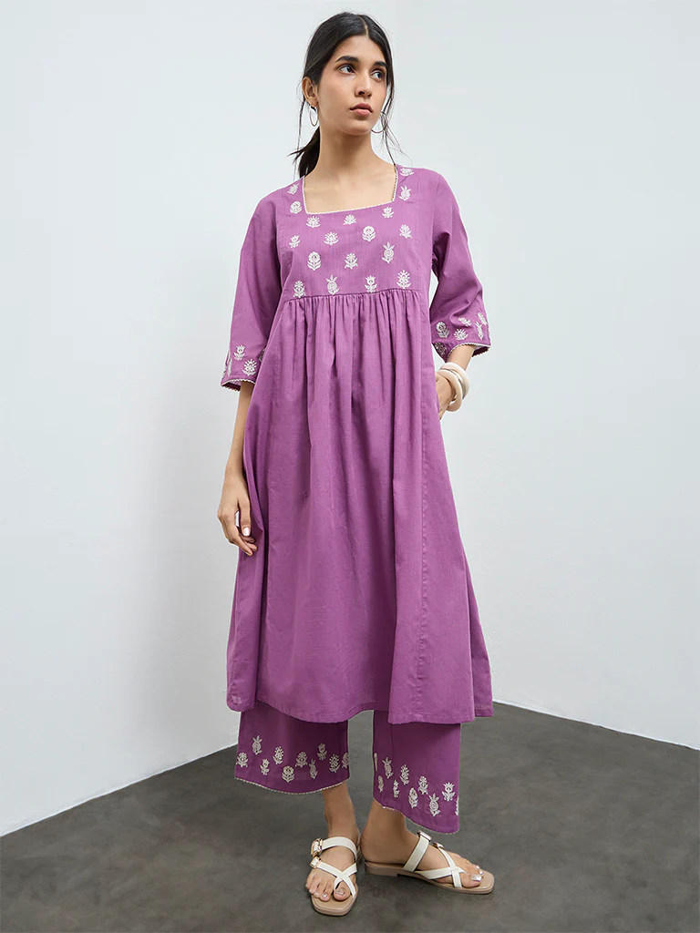 Utsa Purple Embroidered Cotton Pants - Image 2