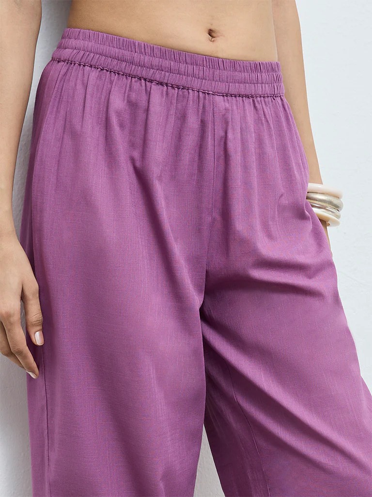 Utsa Purple Embroidered Cotton Pants - Image 3