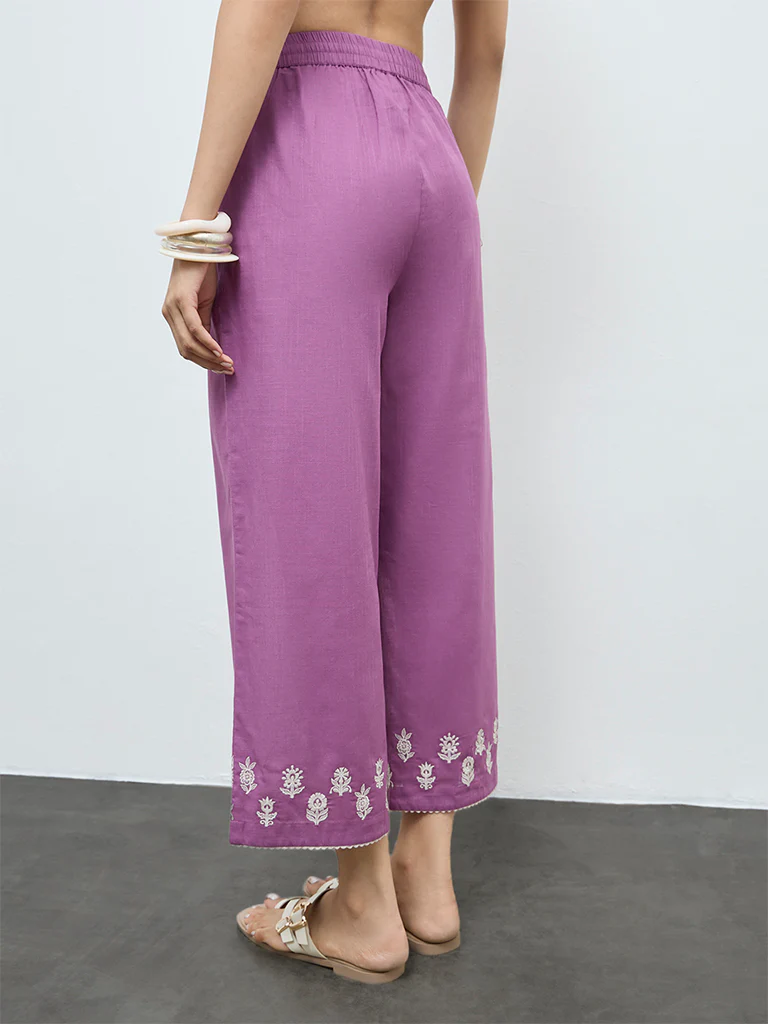 Utsa Purple Embroidered Cotton Pants - Image 4