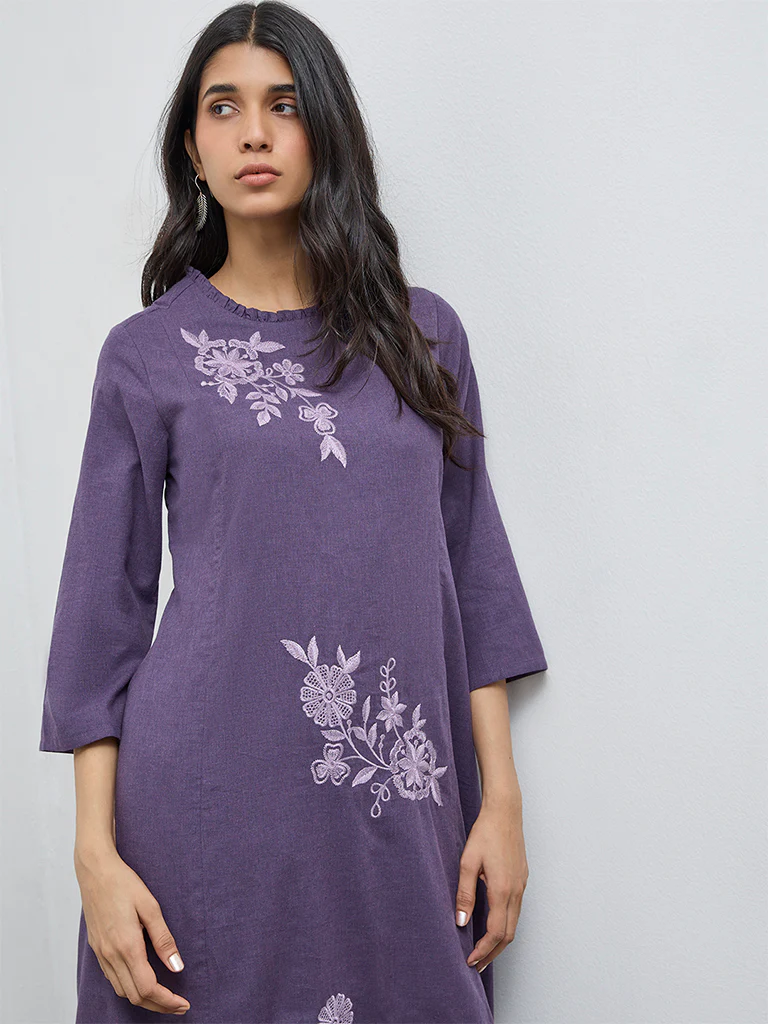 Utsa Purple Floral Embroidered A-Line Cotton Kurta - Image 2