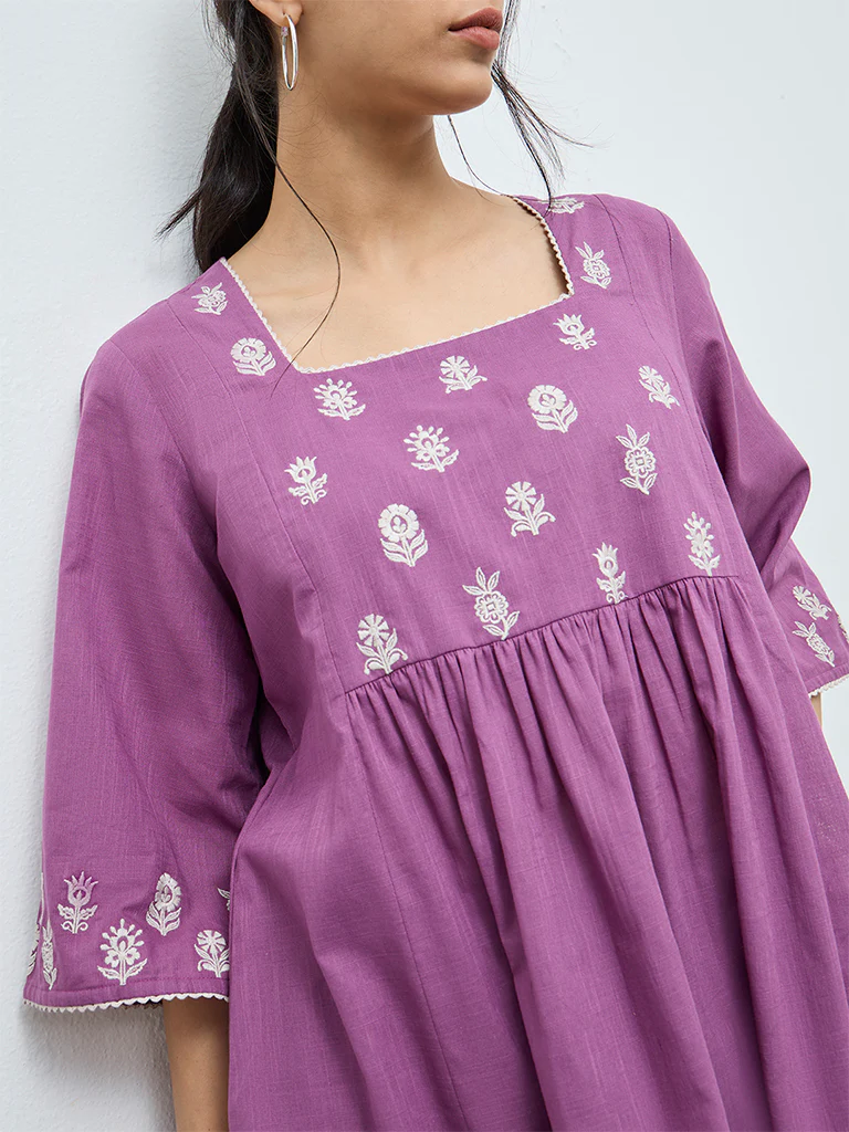 Utsa Purple Floral Embroidered Cotton A-Line Kurta - Image 3